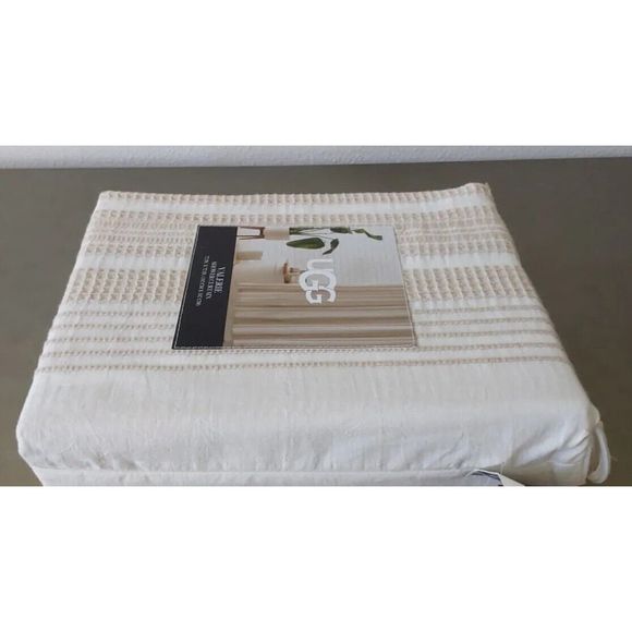 UGG Valerie Striped Fabric Shower Curtain 72 x 72 Inches 100% Cotton Snow/Linen - Picture 3 of 7